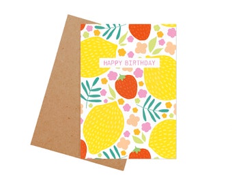 Pretty happy birthday card, friend birthday card, plastic free, handmade