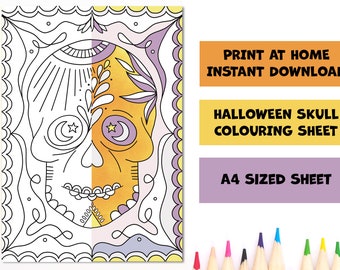 Printable Skull Colouring Page, Printable Halloween Colouring Sheets, Halloween Mask For Kids, Instant Download, A4 Sheet,