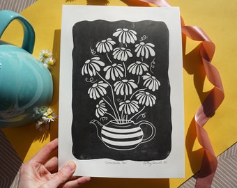 Tea Lovers Gift, Floral Teapot Original Lino Print, Kitchen decor, Cottage Core