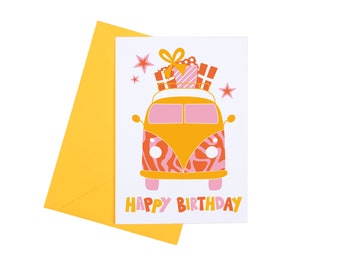 Campervan Birthday Card, Recycled Happy Birthday Card, Retro Birthday Card For Her