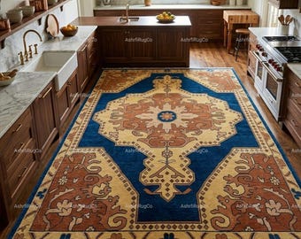 Hand Knotted Oushak Rug, Navy Blue Wool, Floral Turkish Carpet, Luxury Boho Farmhouse Decor