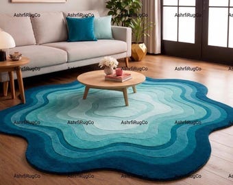 Abstract Irregular Shape Rug, Blue Gradient Area Rug, Modern Organic Shape Carpet, Tufted Wave Rug, Unique Designer Living Room Rug