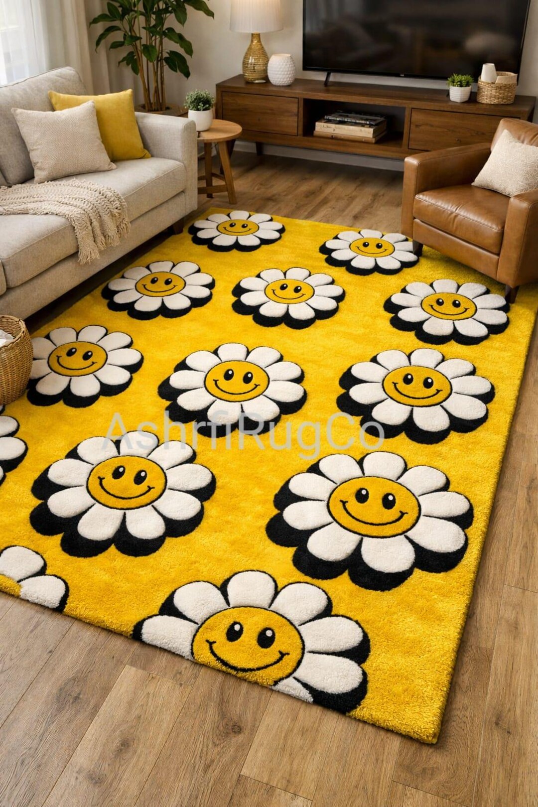 Smiley Rug Temu Smiley Face Daisy Rug, Yellow Flower Area Rug, Cute Aesthetic Room ...