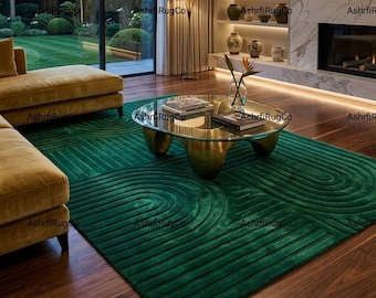 Emerald Green Hand Tufted Rug, Geometric Plush Carpet, Modern Living Room Floor Rug