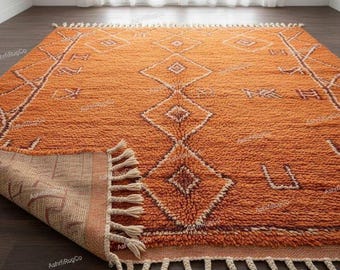 Hand Knotted Orange Moroccan Wool Rug: Tribal Diamond Berber Carpet