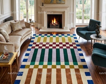 Tapete de lã tufado à mão, tapete moderno com estampa geométrica xadrez, tapete de luxo para sala de estar.