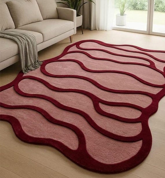 Abstract Wavy Rug, Hand Tufted Irregular Shape Carpet, Pink Red Designer Living Room Rug