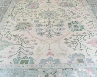 Pastellfärgad handknuten Oushak-matta, vintage turkisk ullmatta, handgjord blommig matta, neutral boho orientalisk matta, vardagsrums- och sovrumsinredning