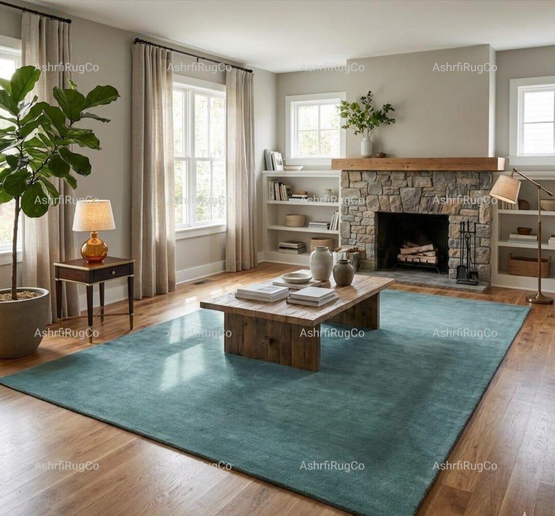 Modern Teal Hand Tufted Wool Rug, Plush Minimalist Living Room Carpet ...