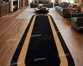 Dywan chodnikowy w kolorze czarnym, ręcznie tkany, minimalistyczny, ze złotą obwódką, do przedpokoju
