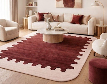Handmade Burgundy Scalloped Rug, Abstract Cream Accent, 5x8