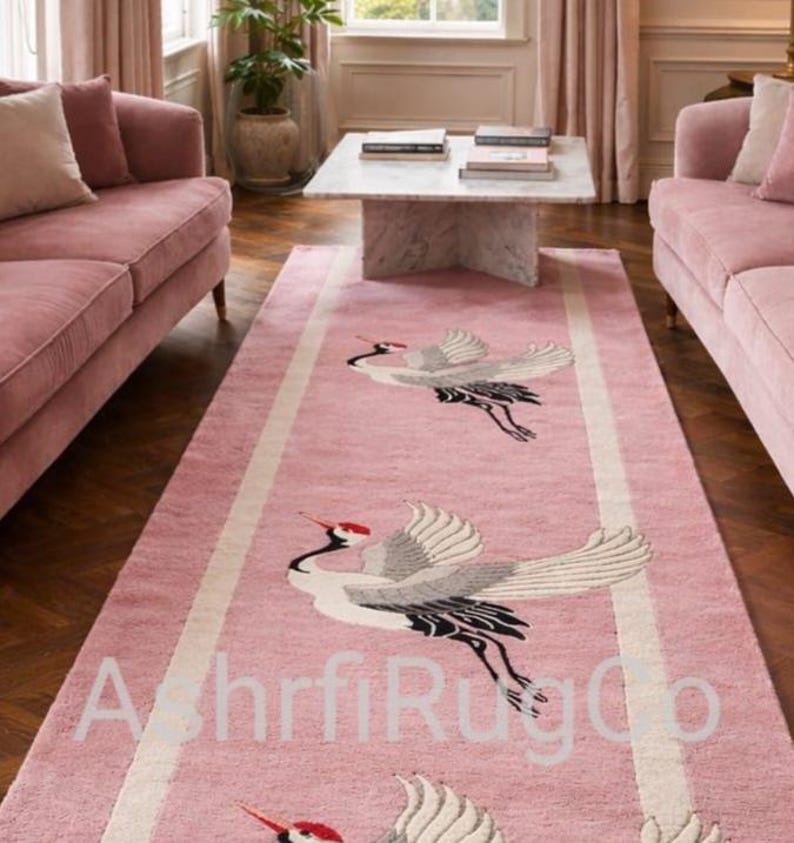 Pink Japanese Rug Pink Crane Area Rug, Handmade Oriental Style, Modern Living Room Decor ...