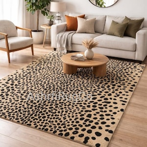 Leopard Print Area Rug, Modern Animal Pattern Carpet, Beige and Black Spotted Rug for Living Room, Boho Contemporary Floor Decor