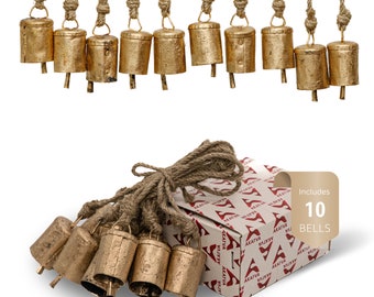 Akatva Christmas Bells for Decoration – Cow Bells for Rustic Christmas Decor – Bells for Crafts – Set of 10 Pieces – Brass Rustic Finish
