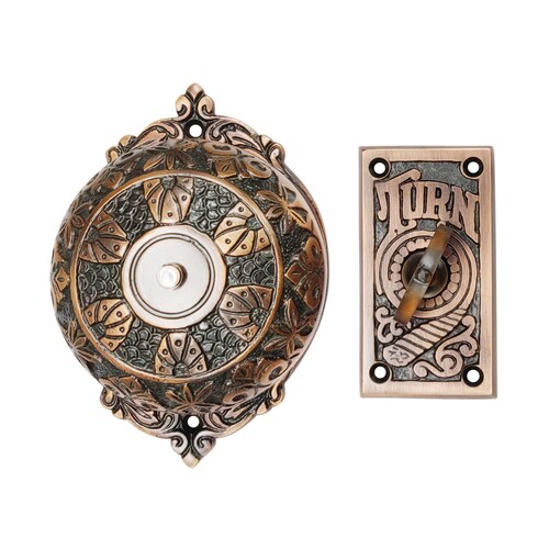 Vintage Twist Bell with Key Plate – Brass Twist Calling Bell – Hand Turn Doorbell - Old Fashioned Door Bell - Antique Copper