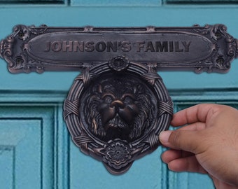 Personalized Door Knocker Plaque for Front Door - Handmade Custom Engraved Lion Address Sign - Customized Exterior Home Name Plate for Doors