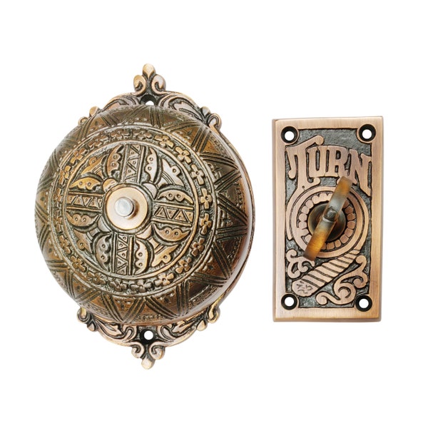 Vintage Twist Bell with Key Plate – Brass Twist Calling Bell – Hand Turn Doorbell - Old Fashioned Door Bell - Antique Brass