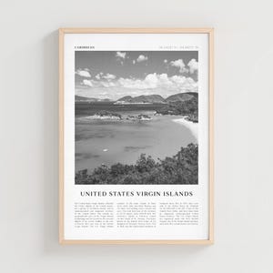 May include: Black and white framed print featuring a scenic view of the United States Virgin Islands. The print includes the text "Caribbean" and "United States Virgin Islands". The image shows a coastal landscape with mountains, water, and a beach.