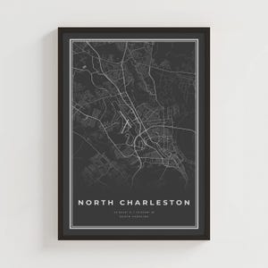 Plakat z czarną mapą North Charleston, wydruk mapy ulic North Charleston SC, sztuka ścienna miasta North Charleston, wystrój podróży do Karoliny Południowej | BU277