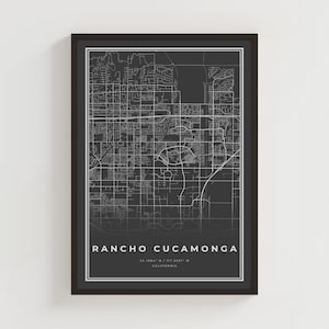 ランチョクカモンガのブラックマップポスター、ランチョクカモンガCAストリートマッププリント、ランチョクカモンガシティウォールアート、カリフォルニア旅行装飾 | BU141