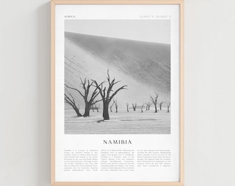 May include: Black and white framed print featuring a desert landscape with dead trees and a large sand dune. The print includes the text "Namibia" and geographical coordinates. The frame is a light wood color.