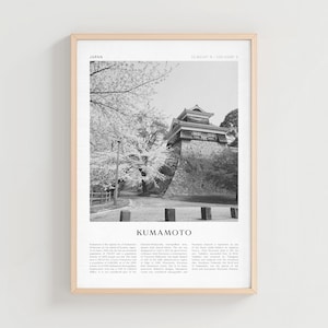 May include: Black and white framed print featuring a Japanese castle in Kumamoto. The image shows the castle's stone walls and tiered roof, with cherry blossoms and trees in the background. The word "Kumamoto" is printed at the bottom.