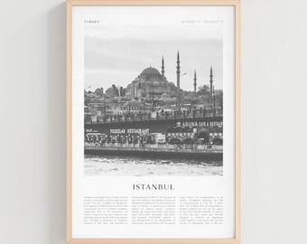 May include: A framed black and white print featuring a photograph of Istanbul, Turkey. The image shows a large mosque with multiple minarets and a waterfront scene. Text at the top reads "TURKEY" and "41.0138° N / 28.9407° E". The word "ISTANBUL" is printed in large letters.