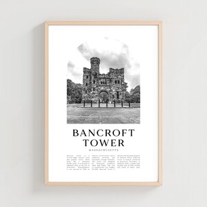 May include: Black and white photograph of Bancroft Tower in Massachusetts. The stone tower has an arched entrance and a turret. The text "BANCROFT TOWER MASSACHUSETTS" is printed below the image.