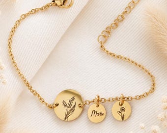 Personalized birth flower bracelet - stainless steel in silver, rose gold or gold - gift for mom, girlfriend, birth