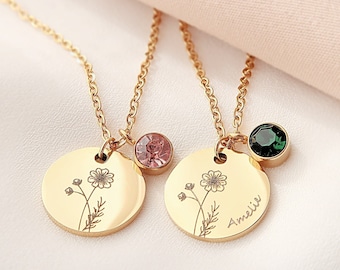 Birth flower necklace customizable with birthstone, necklace made of stainless steel in silver or 18K gold-plated, personalized gift