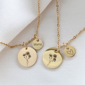 Birth flower necklace - personalized necklace - engraved necklace - stainless steel in gold, rose, and silver - gift - mom - grandma
