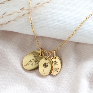 Birth flower necklace - personalized necklace - engraved necklace - stainless steel in gold, rose, and silver - gift - mom - grandma