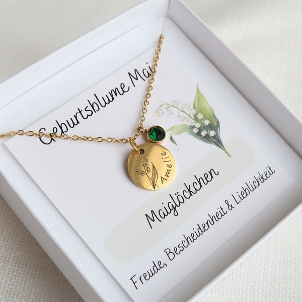 Geburtsblumen Kette personalisierbar mit Geburtsstein, Halskette aus Edelstahl in Silber oder 18K vergoldet, Weihnachtsgeschenk