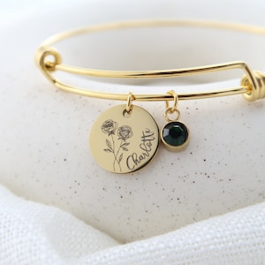 Personalized Birth Flower Bangle, Birth Flower Bracelet, Gift for Mom, Birth Gift, Personalized Christmas Gift