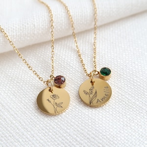 Birth flower necklace customizable with birthstone, stainless steel necklace in silver or 18K gold plated, Christmas gift image 1