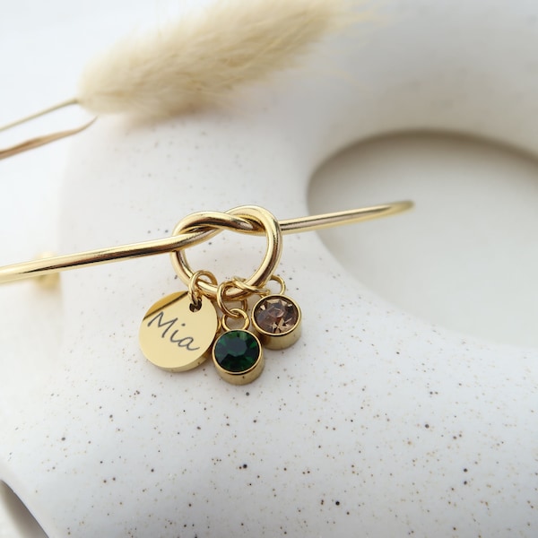 Knotenarmband personalisiert mit Gravur und Geburtsstein, aus Edelstahl in Silber oder 18K vergoldet, personalisiertes Weihnachtsgeschenk
