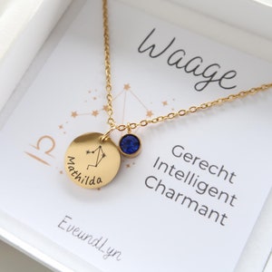 Sternzeichen Kette mit Geburtsstein - Halskette mit Sternzeichengravur - mit personalisierbarer Grußkarte - Weihnachtsgeschenk