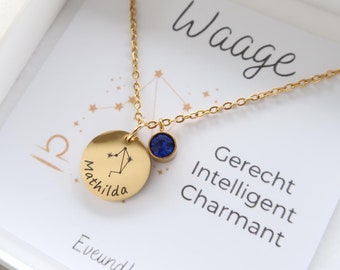 Zodiac sign necklace with birthstone - necklace with engraved zodiac sign - with personalized greeting card - Christmas gift