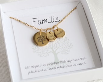 Lebensbaum Kette personalisiert mit Gravur, Familienkette aus Edelstahl in Silber oder 18K vergoldet, Geschenk Mama, Weihnachtsgeschenk