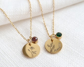 Birth flower necklace customizable with birthstone, stainless steel necklace in silver or 18K gold plated, Christmas gift