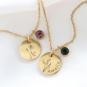 Birth flower necklace customizable with birthstone - stainless steel necklace in silver or 18K gold-plated - Christmas gift