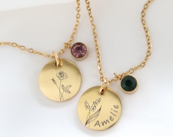 Geburtsblumen Kette personalisierbar mit Geburtsstein - Halskette aus Edelstahl in Silber oder 18K vergoldet - Weihnachtsgeschenk