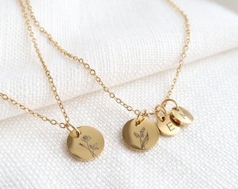 Geburtsblumen Kette mit Buchstabengravur, personalisierbare Halskette aus Edelstahl in Silber oder 18K vergoldet, personalisiertes Geschenk