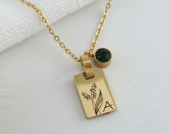 Birth flower necklace customizable with birthstone - stainless steel necklace in silver or 18K gold-plated - Christmas gift