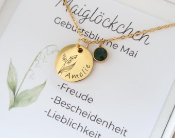 Personalized birth flower necklace with birthstone - stainless steel necklace in silver or 18K gold plated - Christmas gift