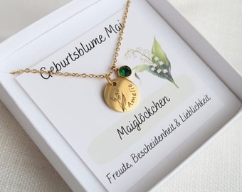 Geburtsblumen Kette personalisierbar mit Geburtsstein, Halskette aus Edelstahl in Silber oder 18K vergoldet, Weihnachtsgeschenk