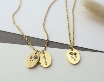 Personalized birth flower necklace, necklace made of stainless steel in silver or 18K gold plated, Christmas gift for her