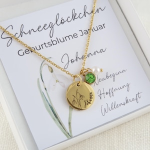 Geboortebloemketting - met personaliseerbare wenskaart - ketting van roestvrij staal in zilver of 18K verguld - Kerstcadeau