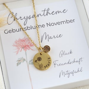Geboortebloem ketting - met gepersonaliseerde wenskaart - roestvrijstalen ketting in zilver of 18K verguld - kerstcadeau