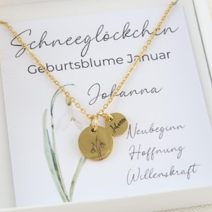 Geboortebloemketting - naamketting - geboortebloem met geboortesteen - met personaliseerbare wenskaart - geboortecadeau